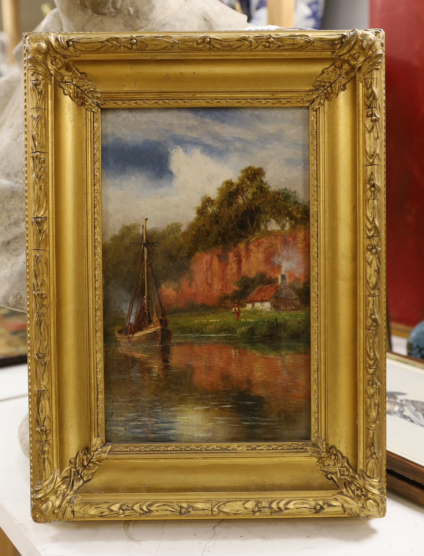 Robert Gallon (1845-1925), oil on canvas, River landscape with sail boat and thatched cottage, signed, 27 x 17cm